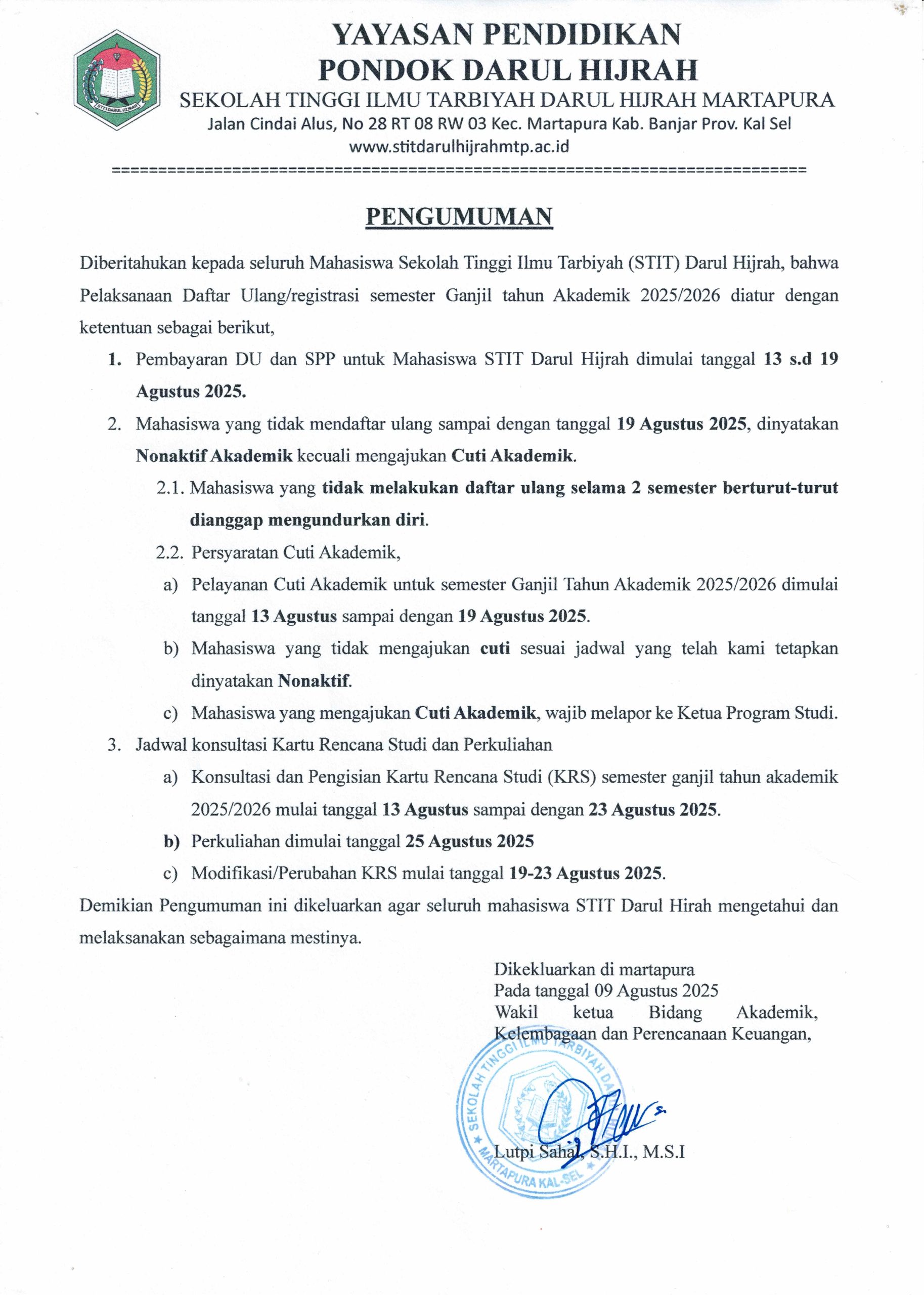 Perhatian Mahasiswa STIT Darul Hijrah! Saatnya Persiapkan Semester Baru